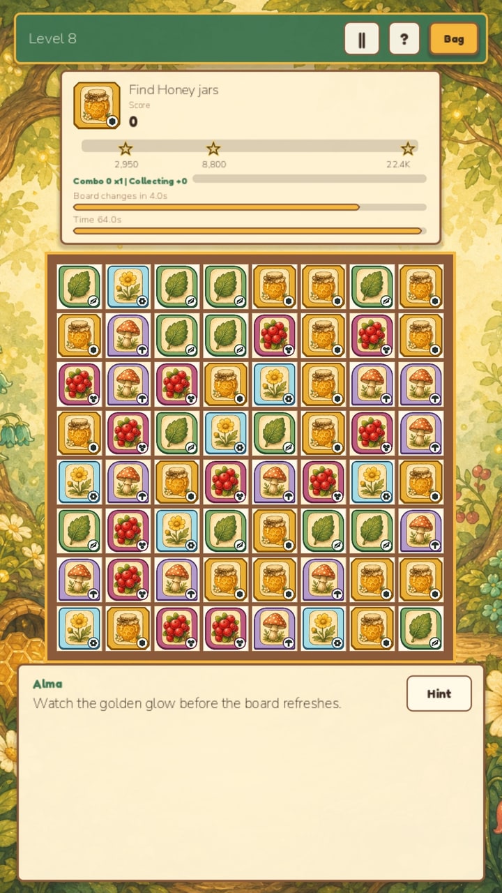 Honey Hunt search board with honey jars as the current target
