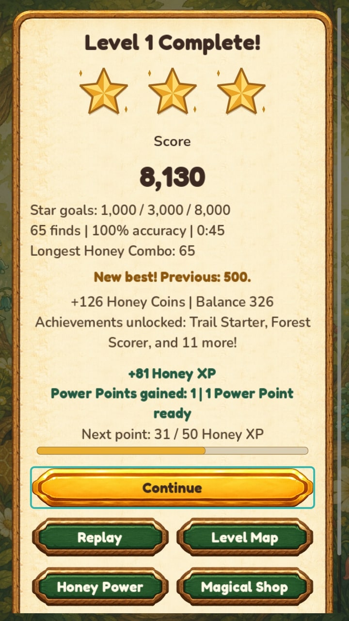 Honey Hunt level-complete screen showing three golden score stars