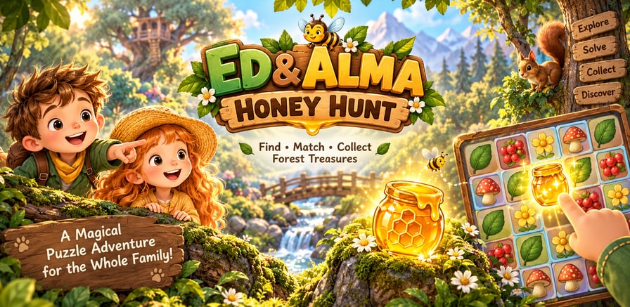 Promotional artwork of Ed and Alma exploring the forest and its treasures