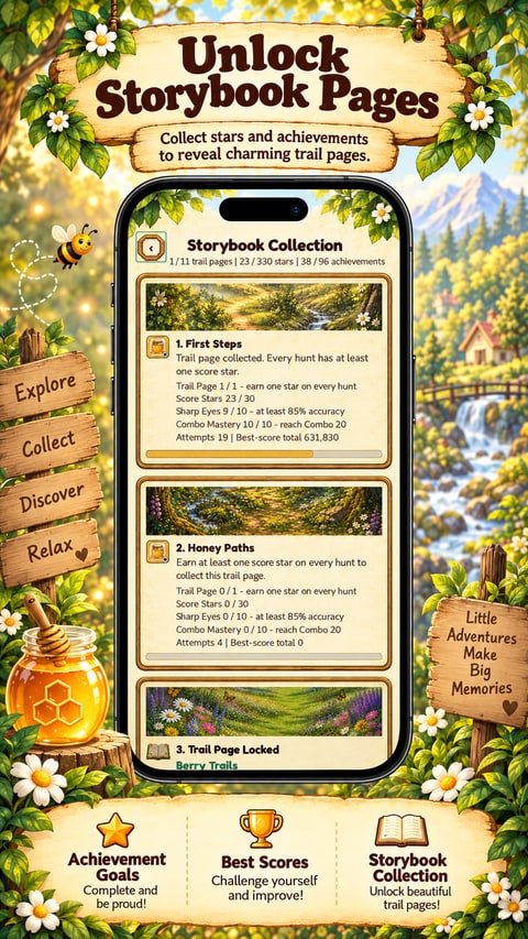 Unlock storybook pages: collect stars and reveal illustrated trail entries