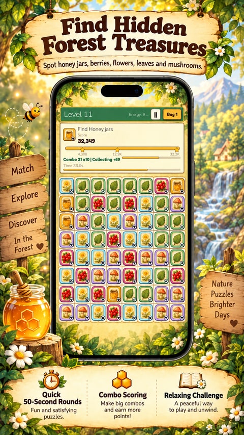Find hidden forest treasures: spot honey jars, berries, flowers, leaves and mushrooms
