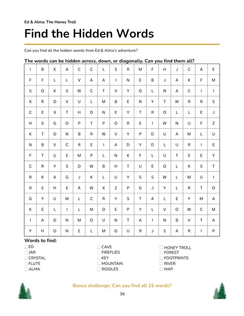 Find the Hidden Words puzzle sample with a word-search grid and 15 words from Ed and Alma's adventure