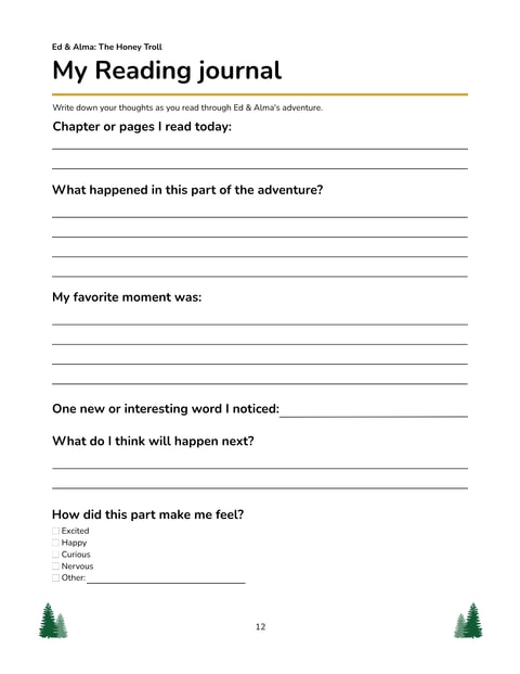 My Reading Journal sample page with questions about the story and space for a reader's thoughts
