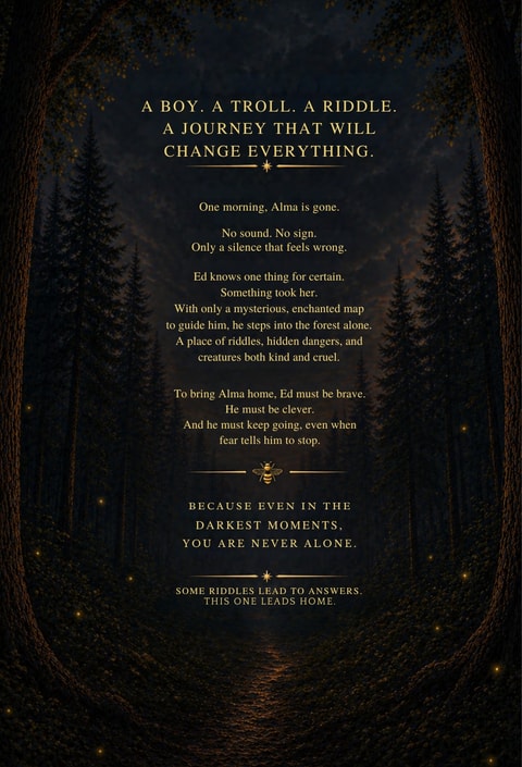 The Honey Troll back cover with the story of Ed's quest to bring Alma home